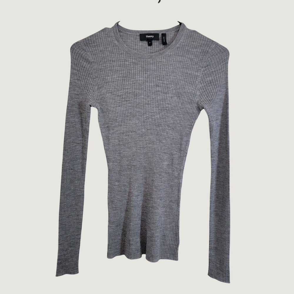 Theory Mirzi B Refine Heather Grey 100% Merino Wool Ribbed Knit Sweater Size P